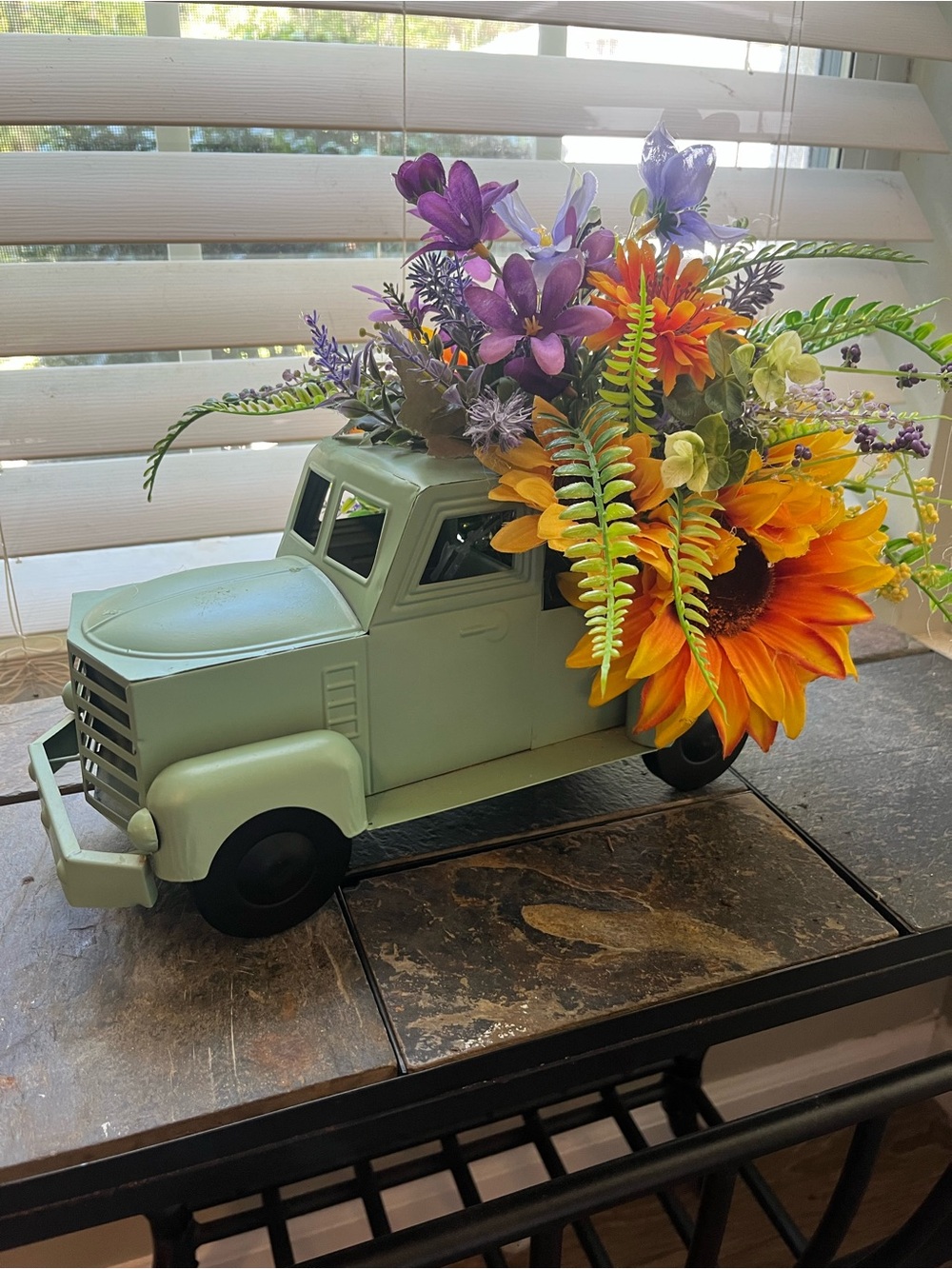 Decorative Sage Green Vintage Truck Planter with Sunflower and Floral Accents